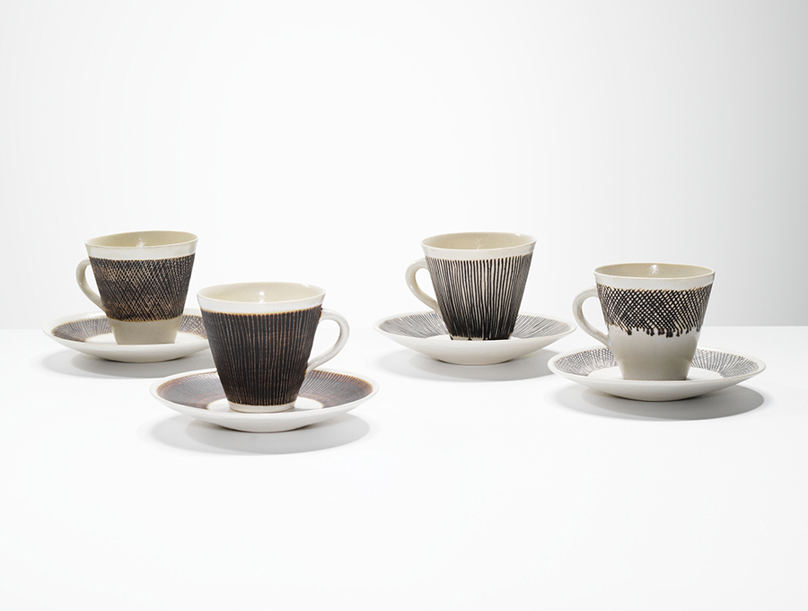 Set of four cups and saucers by Lucie Rie