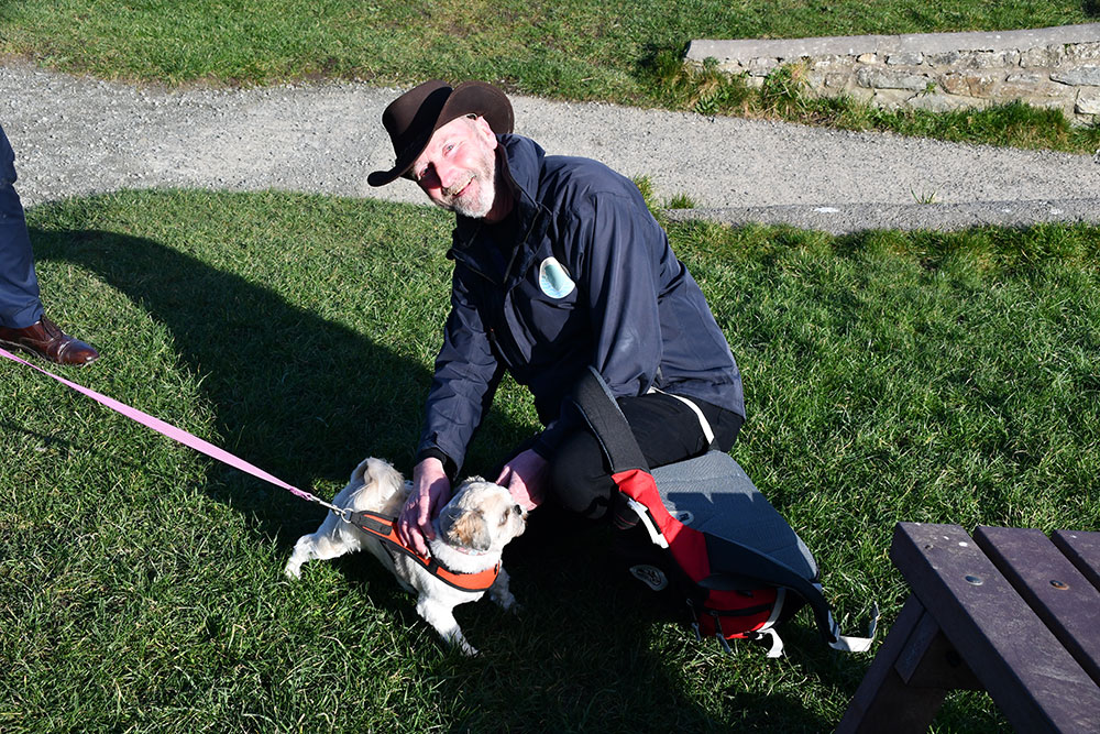 A man stroking a small dog